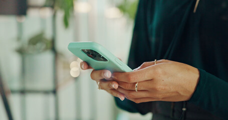 Poster - Phone, scroll and hands of business woman in office for account manager, financial advisor and stock market news. Communication, app and search with closeup of person in corporate firm for update