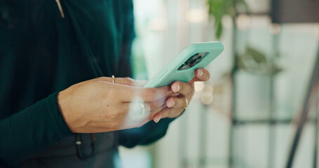 Poster - Phone, online and hands of business woman in office for account manager, financial advisor and stock market news. Communication, app and search with closeup of person in corporate firm for update