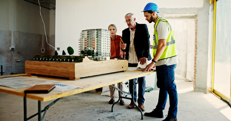 Aufkleber - Architecture, real estate and model with people on construction site for building, teamwork and inspection. Engineer, 3D planning and property developer with employee for contractor and renovation
