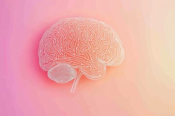 Fototapete - A human brain shaped doodle created with thin white lines set against a colorful gradient backdrop, inviting creativity and thought. Generative AI