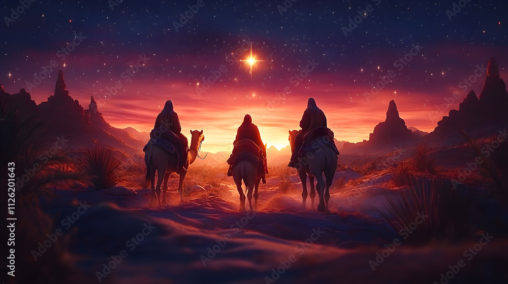 Cartoon artwork of three wise men on camels in the desert, following ...