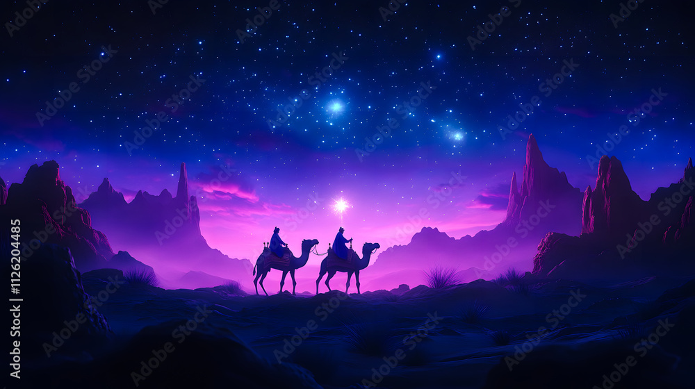 Cartoon artwork of three wise men on camels in the desert, following ...