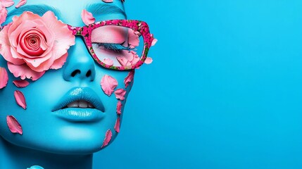 Canvas Print - Blue-skinned woman with pink rose petals and glasses.