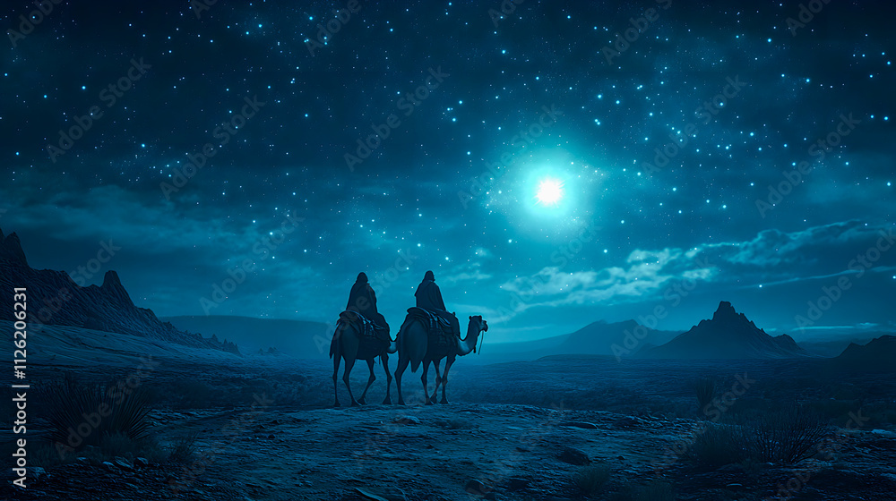 Cartoon artwork of three wise men on camels in the desert, following ...