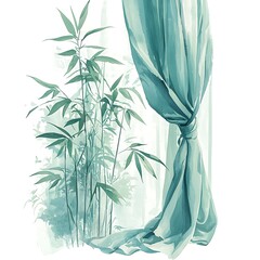 Wall Mural - Serene Watercolor Painting of Bamboo Plants Partially Obscured by a Flowing Teal Curtain.