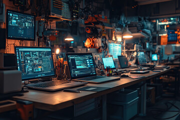 The room is equipped for surveillance and listening in on other people's conversations. Computers and laptops with surveillance programs. Illegal surveillance.
