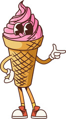 Poster - Groovy fast food ice cream cone retro cartoon character with funny face, vector emoji. Groovy ice cream dessert in wafer or gelato in waffle cone for fast food dessert or kids menu cartoon character