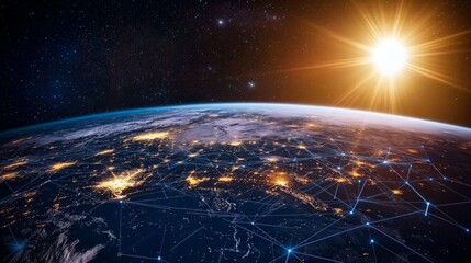 Wall Mural - Earth at Night: Sunlit Globe with Network Connections, City Lights, Stars, and Peaceful Atmosphere.