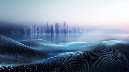 Futuristic Abstract Digital Art: Cityscape with Blue and Purple Gradient Skyline and Skyscrapers in Distance.