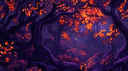 Wall Mural - dark purple waves blending with fiery orange patterns, creating an eerie, magical, and halloween-ins