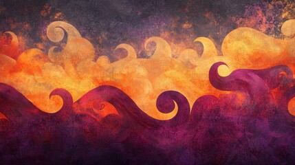 Wall Mural - dark purple waves blending with fiery orange patterns, creating an eerie, magical, and halloween-ins
