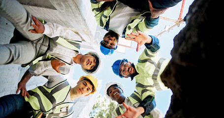 Poster - Architect, people and construction worker in circle, planning and review low angle at building site. Men, woman and group with engineer for problem solving, solution or diversity for property project