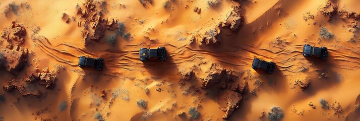 Wall Mural - Aerial shot of jeeps scattered across desert sands leaving intricate track patterns their wake