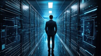 Immersive cyber control hub with glowing displays and advanced data analytics in a sleek, futuristic setting