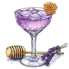 Wall Mural - Lavander Honey Cocktail with Ice Cubes in a Crystal Glass, Watercolor Illustration.