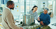 © peopleimages.com - Business people, architect and team with 3D model for project planning or real estate design at office. Group, employee or interior designers with prototype for meeting or industrial development
