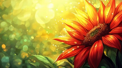 Canvas Print - Vibrant red sunflower with dew drops in sunlight.