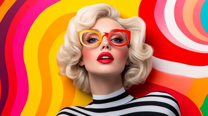 Wall Mural - A woman wearing glasses and red lipstick is laying on a colorful background. Concept of fun and playfulness, as the woman's bold makeup and colorful surroundings create a lively