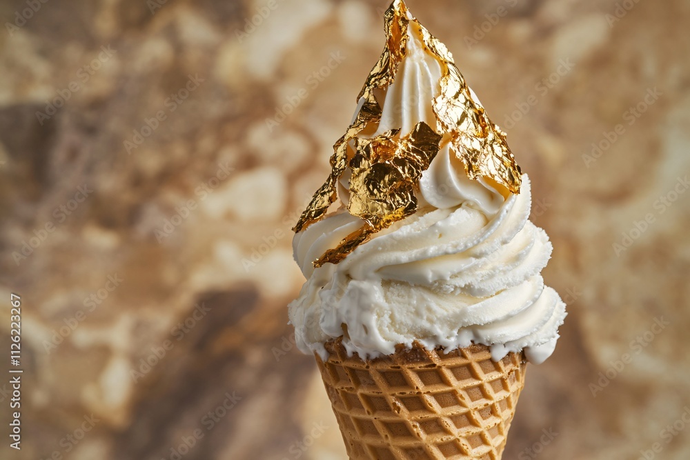 Soft serve ice cream in a waffle cone decorated with edible gold leaf ...