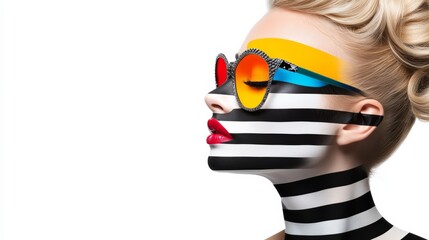 Wall Mural - a woman with a striped face and sunglasses. the image is a creative and artistic representation of a