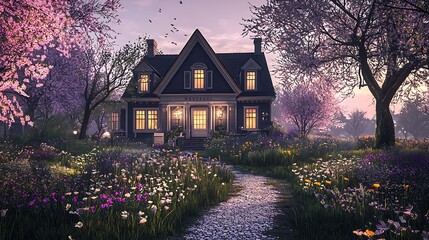 Wall Mural - Charming Victorian House Nestled in a Blooming Garden at Dusk.