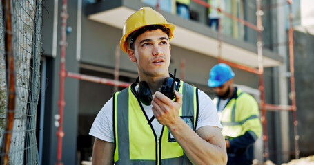 Poster - Construction site, architecture and man with radio, communication and building development. Employees, coworkers and management for renovation, real estate and safety with helmet and engineering