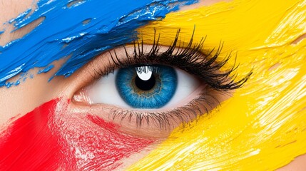 Wall Mural - a woman's eye is painted with bright colors, including red, yellow, and blue. the eye is surrounded 