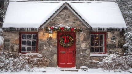 Poster - Stone Cottage Christmas Winter Wonderland Scene