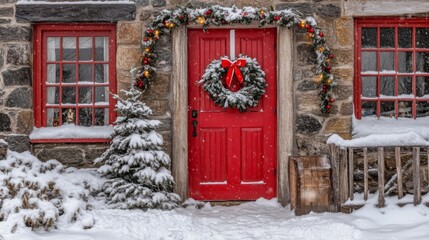 Poster - Snowy Winter Scene With Red Door And Festive Decorations