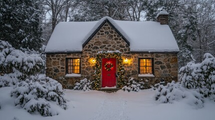 Poster - Snow Covered Stone Cottage With Christmas Lights