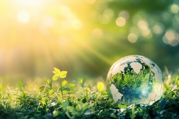 A glass globe resting on green grass with fresh leaves growing around it