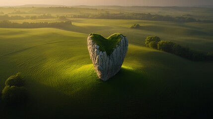 Wall Mural - heart-shaped rock formation in a sunlit field.