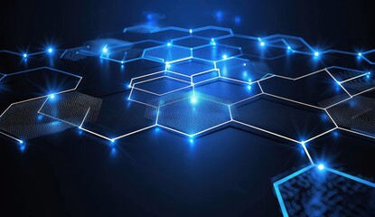 Abstract blue background with a hexagonal pattern and connection lines, suggesting a technology, science, or medical concept