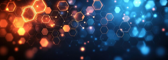 Abstract digital background with hexagonal shapes and icons of computer code, social media logos in the center of the screen