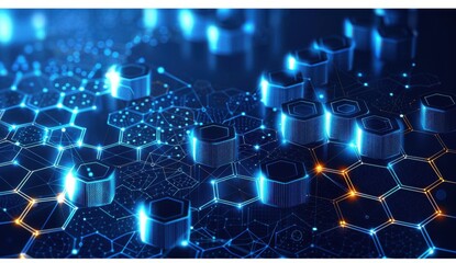 Abstract blue background with a hexagonal pattern and connection lines, suggesting a technology, science, or medical concept