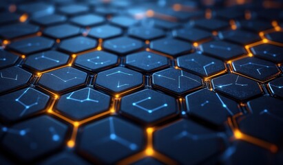 Abstract blue background with a hexagonal pattern and connection lines, suggesting a technology, science, or medical concept