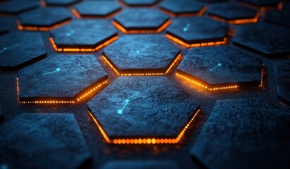 Abstract blue background with a hexagonal pattern and connection lines, suggesting a technology, science, or medical concept