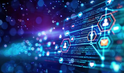 Abstract digital background with hexagonal shapes and icons of computer code, social media logos in the center of the screen