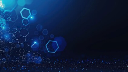 Abstract digital background with hexagonal shapes and icons of computer code, social media logos in the center of the screen
