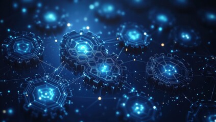 Abstract digital background with hexagonal shapes and icons of computer code, social media logos in the center of the screen