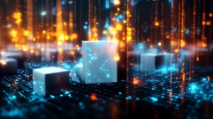 Glowing digital cubes on a high-tech grid with dynamic orange and blue light streams, representing blockchain, data storage, and technological innovation in the digital era.