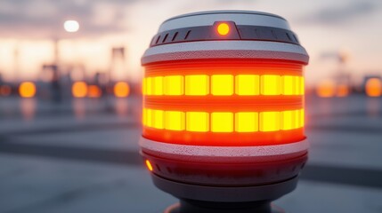 Wall Mural - a brightly lit warning beacon with a cylindrical design, set against a sunset backdrop, exuding a fu