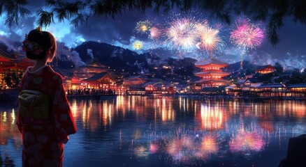 Wall Mural - A beautiful Japanese woman in traditional stands by the water, watching colorful fireworks light up over an ancient temple at night