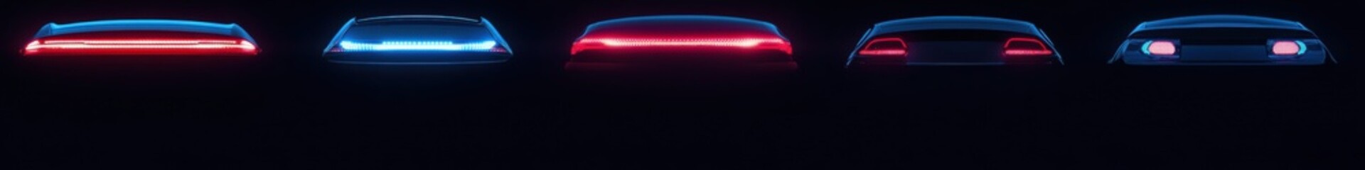 Poster - A vibrant arrangement of assorted LED car headlights and tail lights set against a dark background, emphasizing innovative automotive technology. Generative AI
