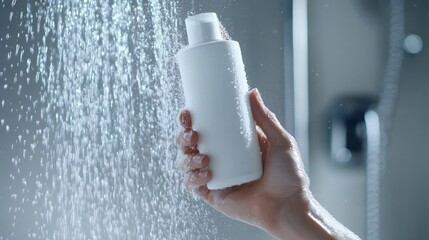 Hand holding a shampoo bottle under running water in a modern shower, emphasizing hydration