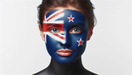 Woman with New Zealand flag face paint, showcasing national pride and artistic creativity