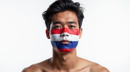 Wall Mural - Man with Thai flag face paint, showcasing national pride and cultural expression