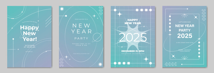 Happy New Year poster design background vector set. Celebration Modern gradient card template with vibrant geometric shape movement different. Ideal design for social media, flyer, party, ads.