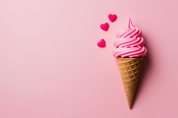 Ice cream with heart shaped confetti on light pink background. Ice cream dessert and other sweets as present on saint Valentine's Day. Love and romance. AI