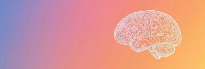 Fototapete - A delicate doodle representing a human brain is displayed with thin white lines against a soft gradient background, leaving ample space for text. Generative AI